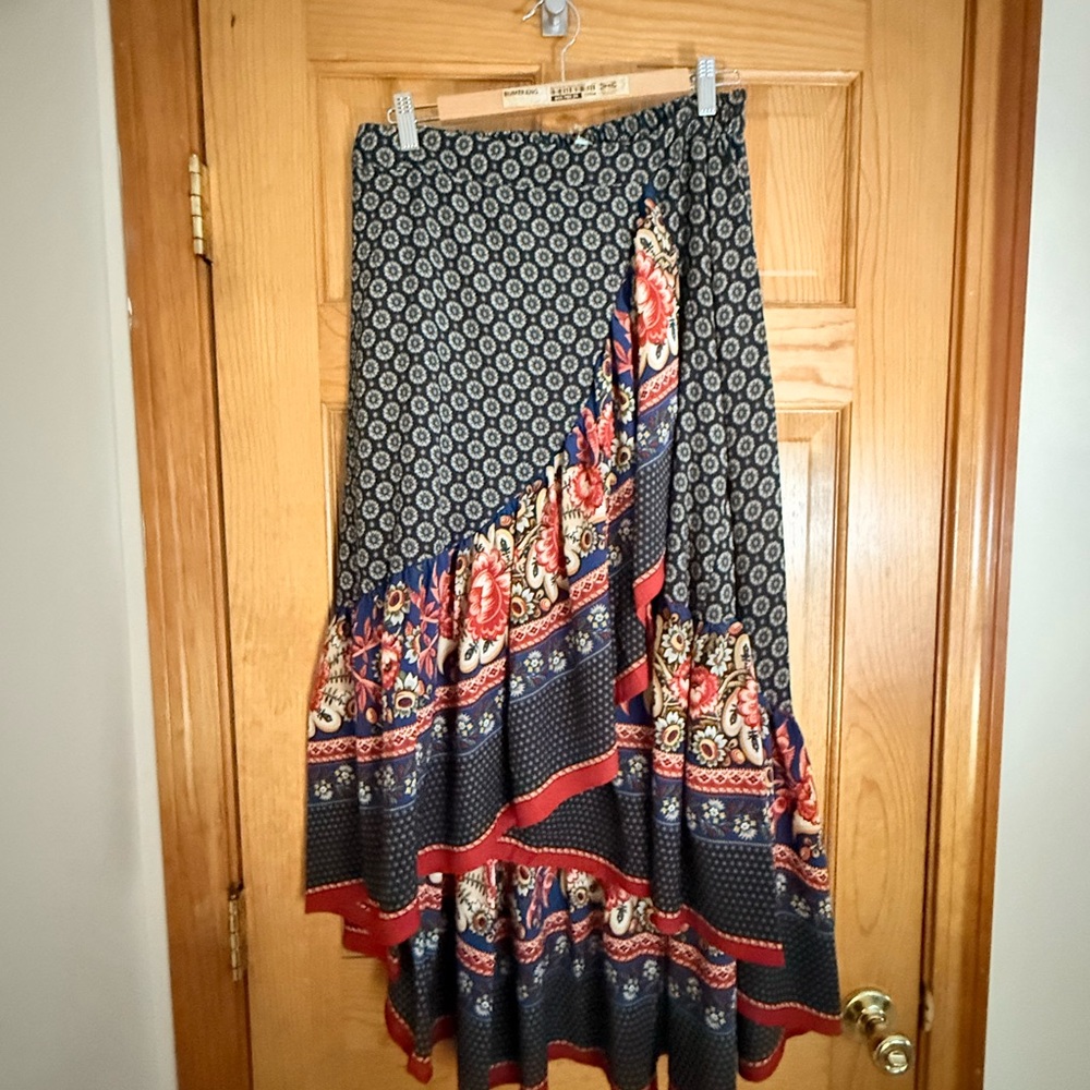 Nostalgia Black and Red Asymmetrical Maxi Wrap Skirt
